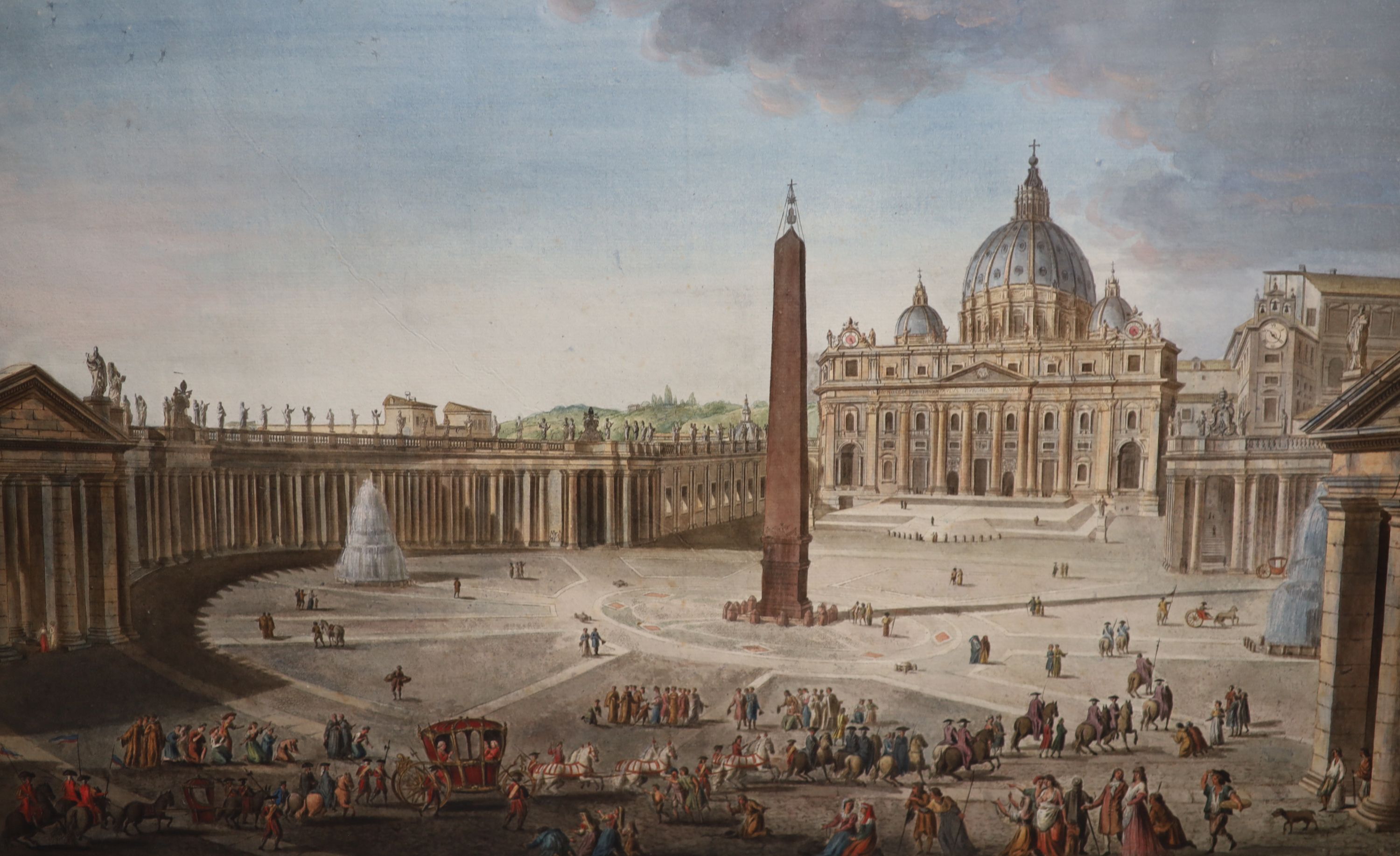 Italian School c.1800 , The Pope in Procession from St Peter's Square, through the Colonnades into the Basilica, set of four outlined engravings extensively hand coloured in watercolour, largest 46 x 69.5cm